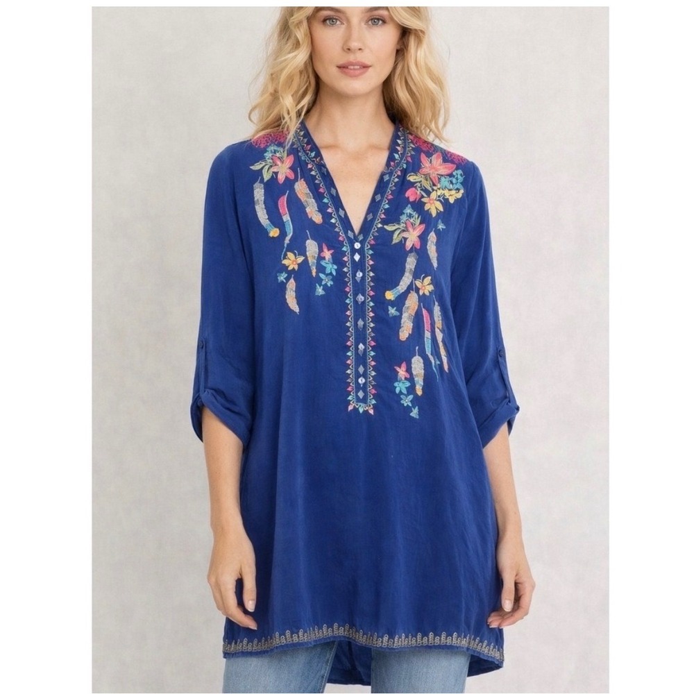 Johnny Was Blue Embroidered Feather Floral Cupra Rayon Tunic Top Medium